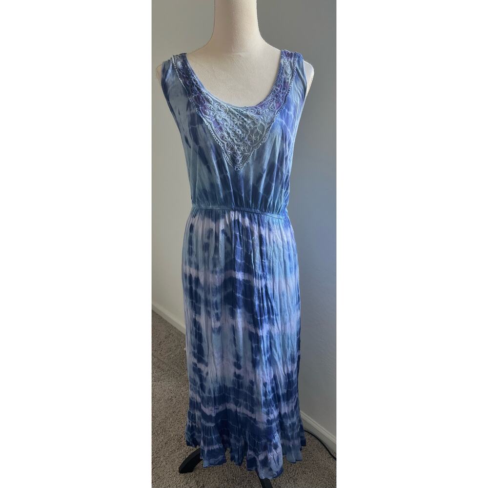 Mlle Gabrielle Blue Maxi Hand Dyed Cotton Blend Sleeveless Lace Neck Dress Sz 2X